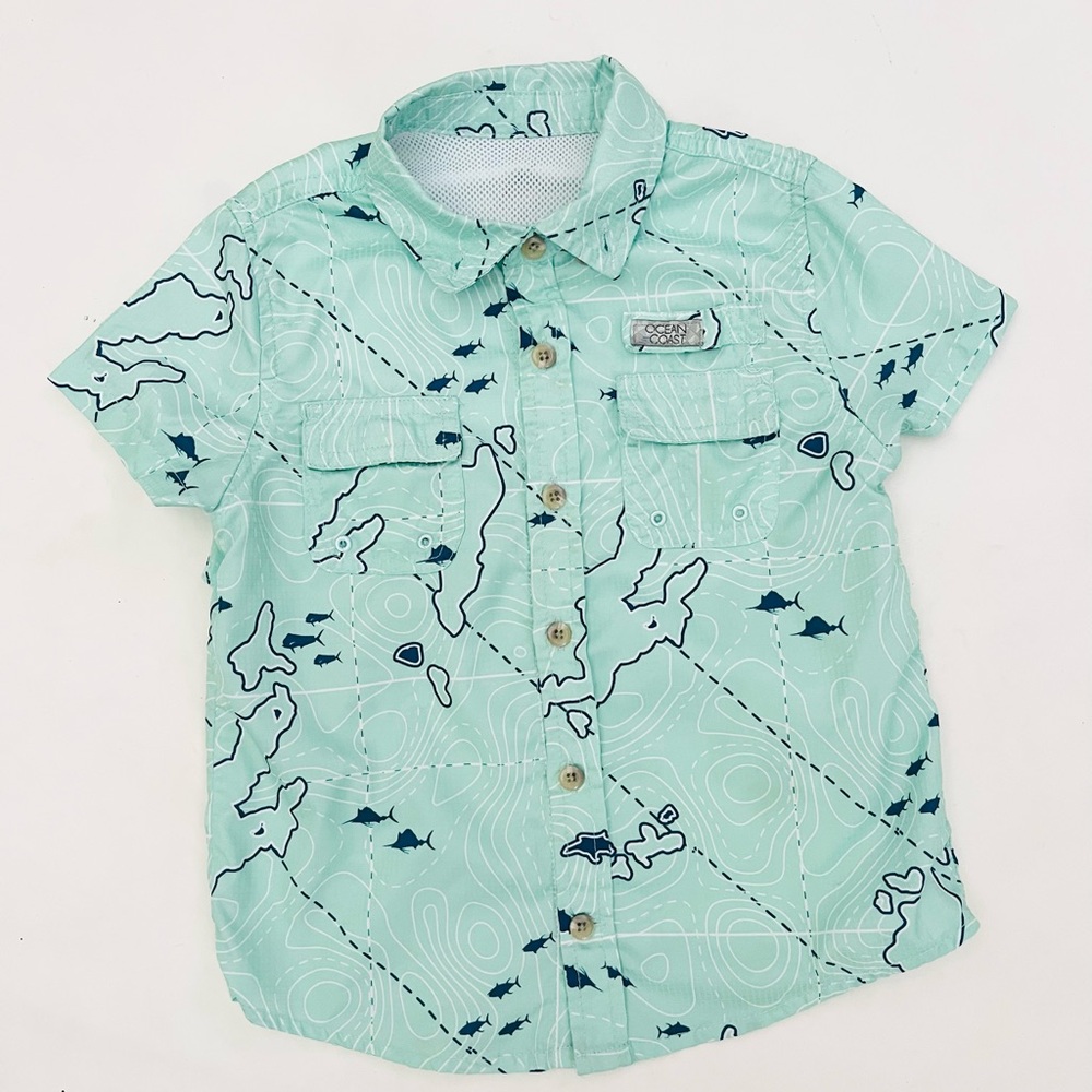 Ocean Coast Short Sleeve Button Up Shirt, boys size 4, teal with map design